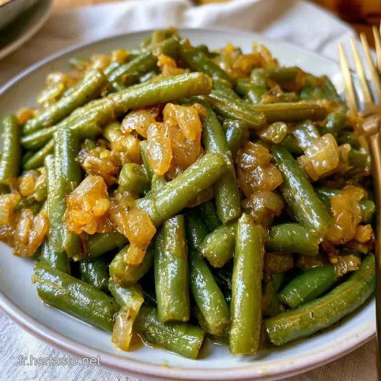 Quelques haricots croquants et brillants, soigneusement align&eacute;s sur une assiette sombre avec des &eacute;clats d'ail dor&eacute;.
