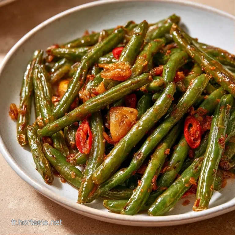Haricots verts d'un vert vif, dispos&eacute;s avec soin sur une assiette blanche, avec un filet d'huile piment&eacute;e luisante.