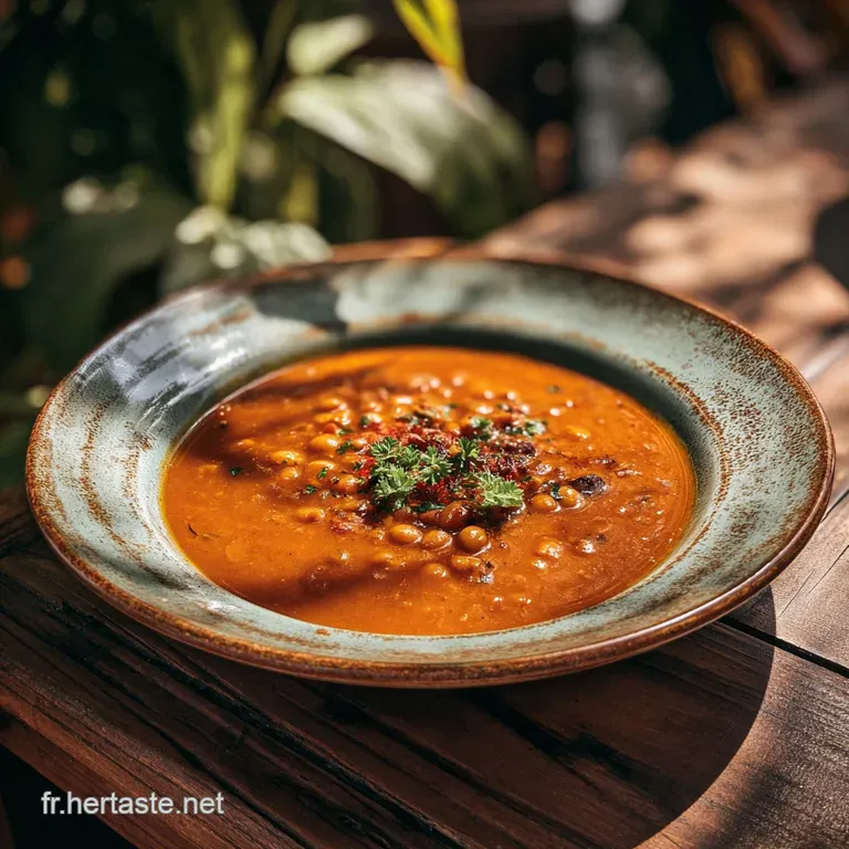 Deep crimson soup poured into a rustic bowl, garnished with cilantro and a lemon wedge. A comforting and visually appealin...