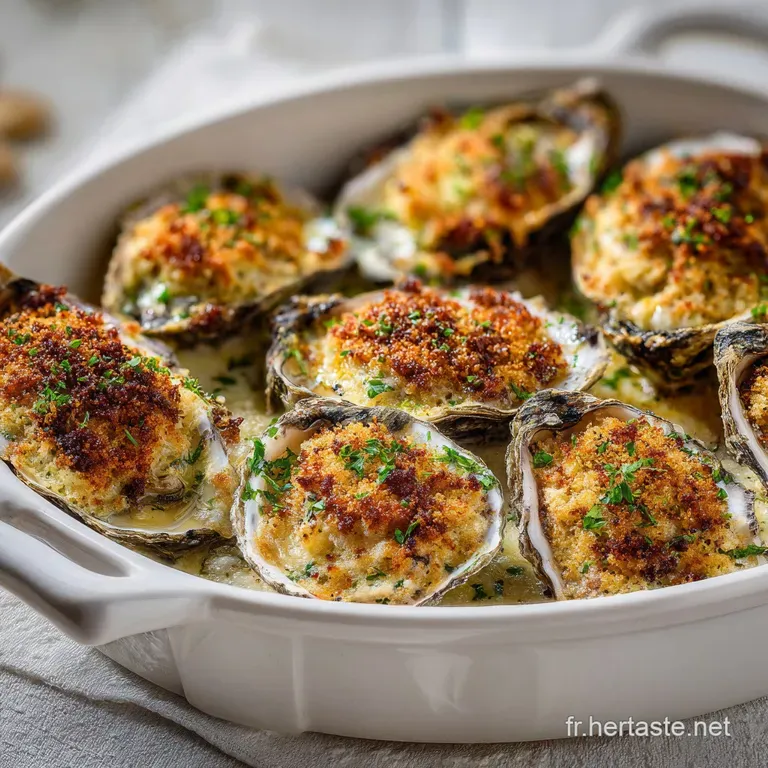 Creamy, bubbling oysters gratin&eacute;es served in elegant silver dishes, ready to eat, with lemon wedges on a white tablecloth.