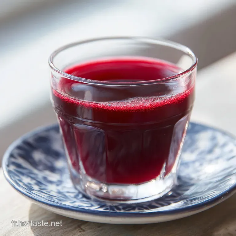 Ruby red Bissap juice served in elegant glass with hibiscus flower garnish. Chilled beverage, inviting and refreshing.