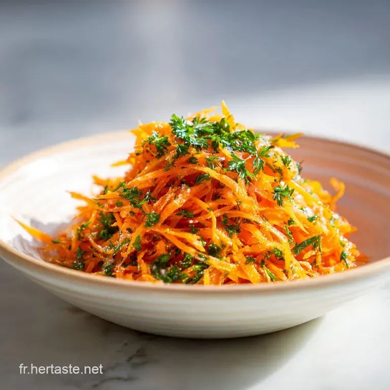 Elegant plate of Khizou Mchermel: vibrant orange carrot salad with flecks of parsley, glistening with oil, hinting at a br...
