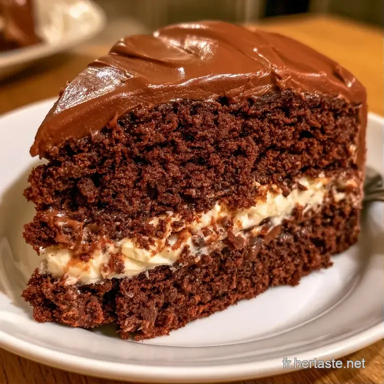 Petit g&acirc;teau brun fonc&eacute; sur assiette blanche, r&eacute;v&eacute;lant un c&oelig;ur cr&eacute;meux blanc contrastant avec le chocolat.