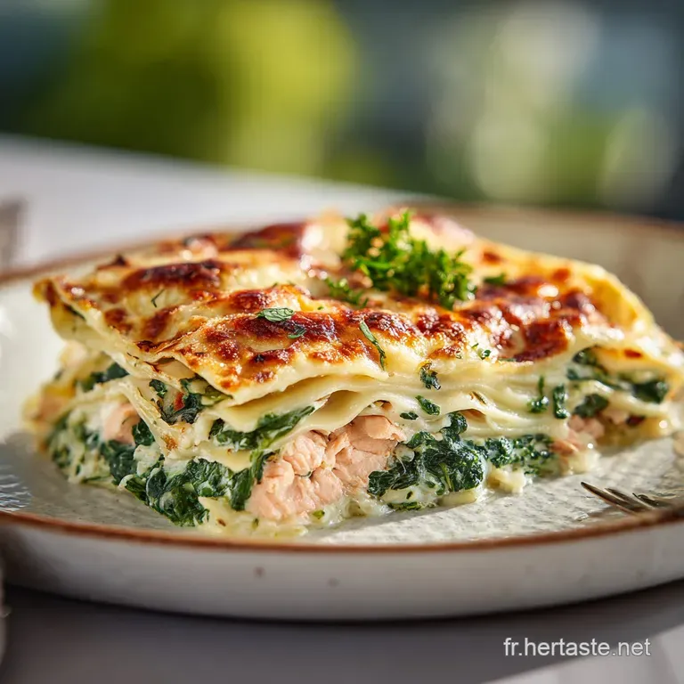 A slice of salmon and spinach lasagna on a white plate, steam rising gently, hints of vibrant green herbs for garnish.
