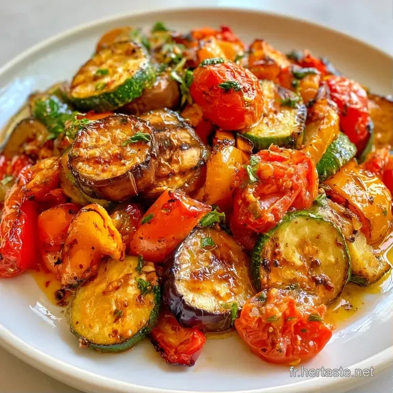 Disposition &eacute;l&eacute;gante de l&eacute;gumes grill&eacute;s aux couleurs vives sur une assiette blanche, parsem&eacute;s d'herbes fra&icirc;ches.