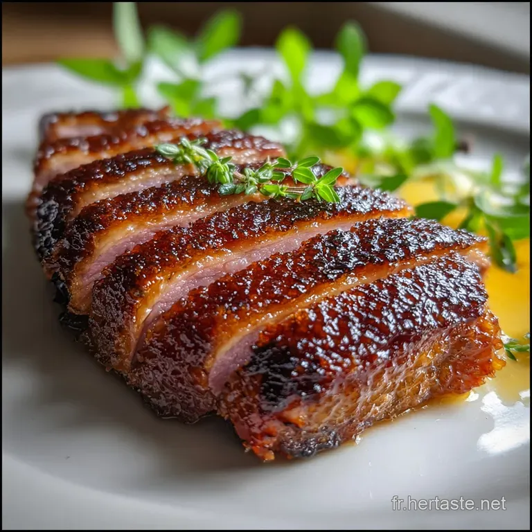 Elegant slices of rosy-pink duck breast arranged on a plate, with a rich, glossy sauce and a sprig of fresh herbs for garn...