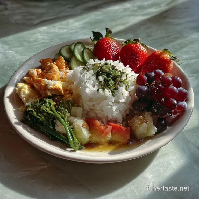 Artfully arranged plates featuring a medley of fresh ingredients; each element highlighting a balanced composition of colo...