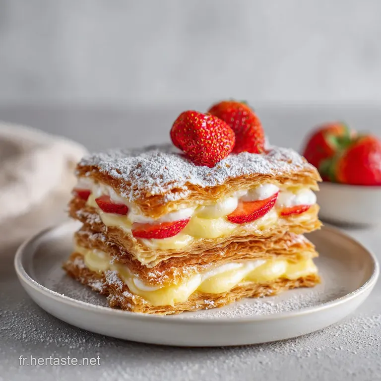 Elegant millefeuille slice: Crisp puff pastry, smooth cream, topped with artful chocolate swirls, evokes a sophisticated d...