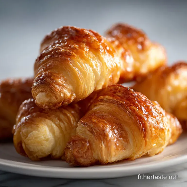 Elegant plate featuring several miniature croissants, artfully arranged with a sprinkle of herbs and a side of dipping sauce.