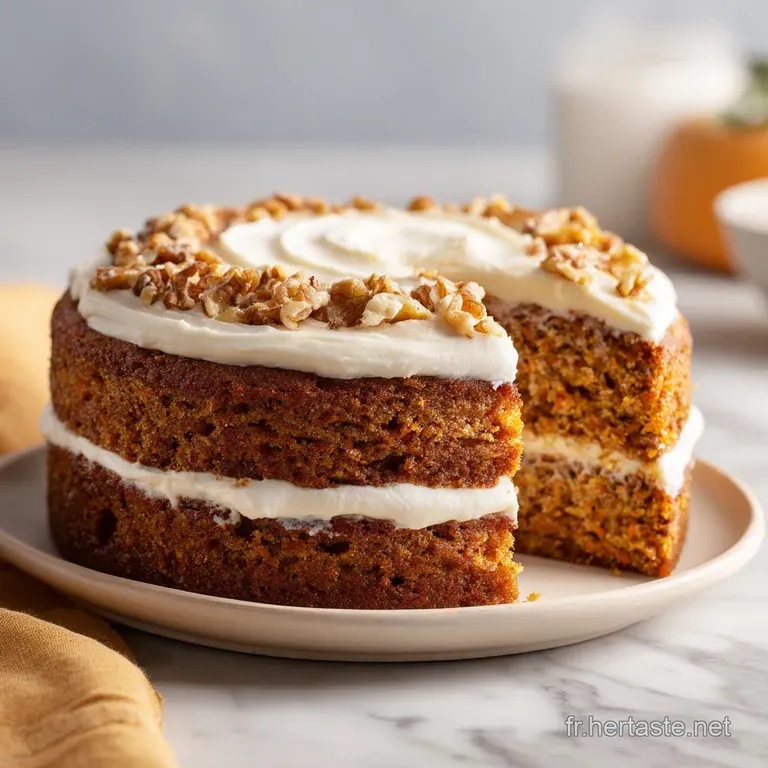 Slice of moist carrot cake with a gooey, white center, drizzled with caramel, on a modern white plate, garnished with nuts.