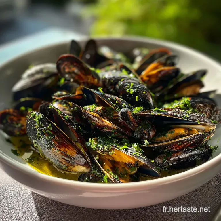 Elegant black bowl overflowing with plump, steamed mussels. Aromatic broth, parsley sprigs, and lemon slice garnish the pr...