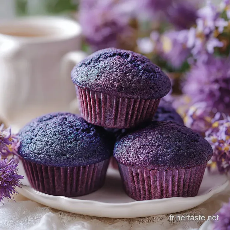 Elegant violet muffin plated with whipped cream & edible flowers. Soft, spongy texture offset by the smooth cream and vibr...