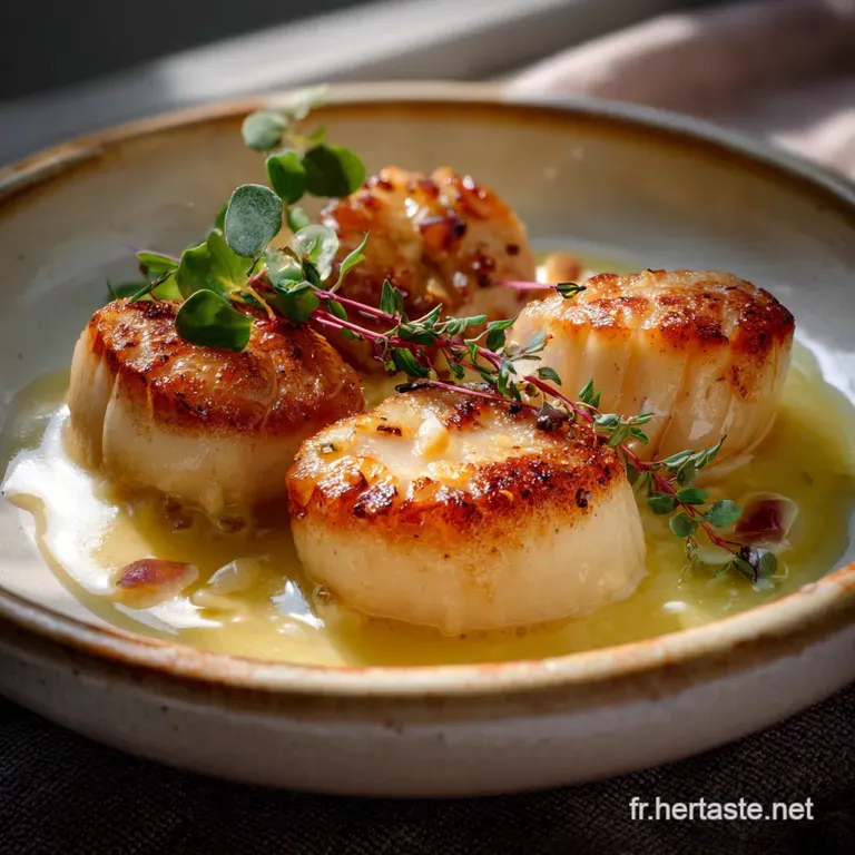 Perfectly seared scallops atop a bed of creamy pur&eacute;e, garnished with microgreens, creating an elegant and refined look.