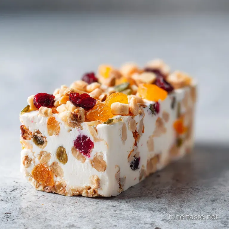 Elegant slice of nougat glac&eacute;, drizzled with honey and adorned with flowers, suggesting a light and refreshing dessert.