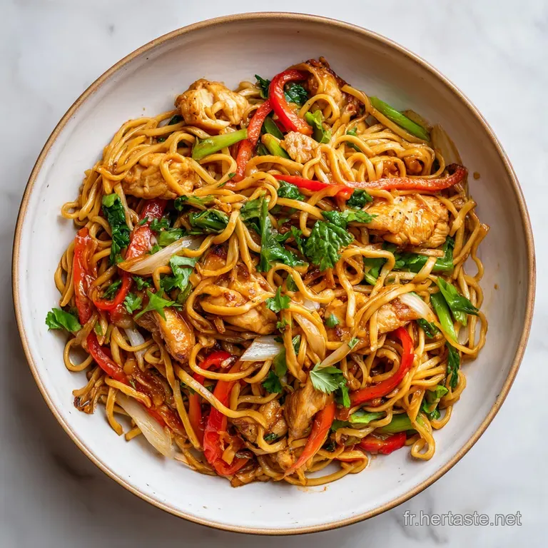 A swirl of glossy noodles and tender chicken piled high on a white plate, sprinkled with sesame seeds and scallions. Elega...