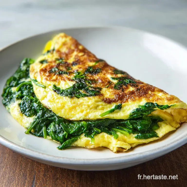 A fluffy spinach omelet presented on a rustic wooden board. Sprigs of fresh herbs add a pop of color. Steam suggests warmth.