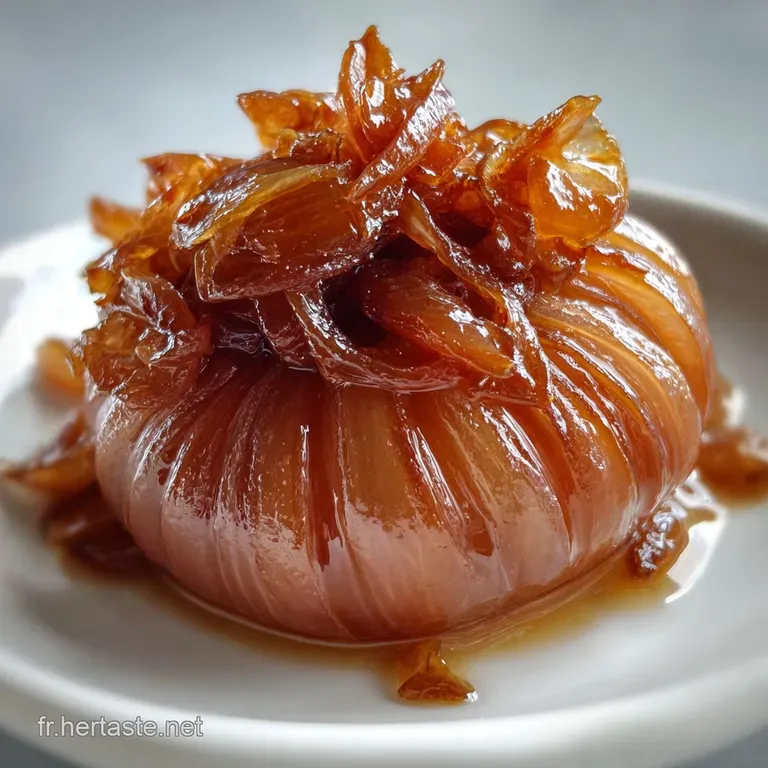 Elegant swirl of deep golden onion confit on a toasted baguette slice, sprinkled with fresh thyme, hinting at savory sweet...