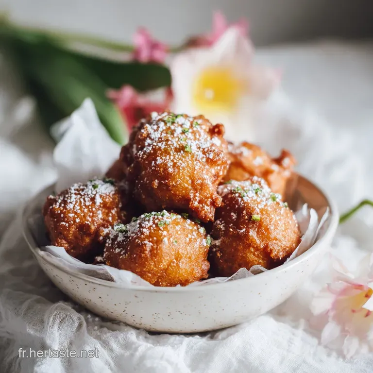 Delicate, golden fried dough sprinkled with fine sugar, elegantly arranged on a white plate for a delightful presentation.