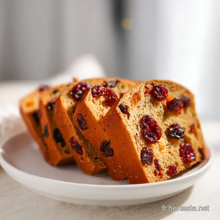 Tranche &eacute;paisse et a&eacute;r&eacute;e de pain aux fruits sur assiette blanche, r&eacute;v&eacute;lant une mie tendre et des &eacute;clats color&eacute;s.