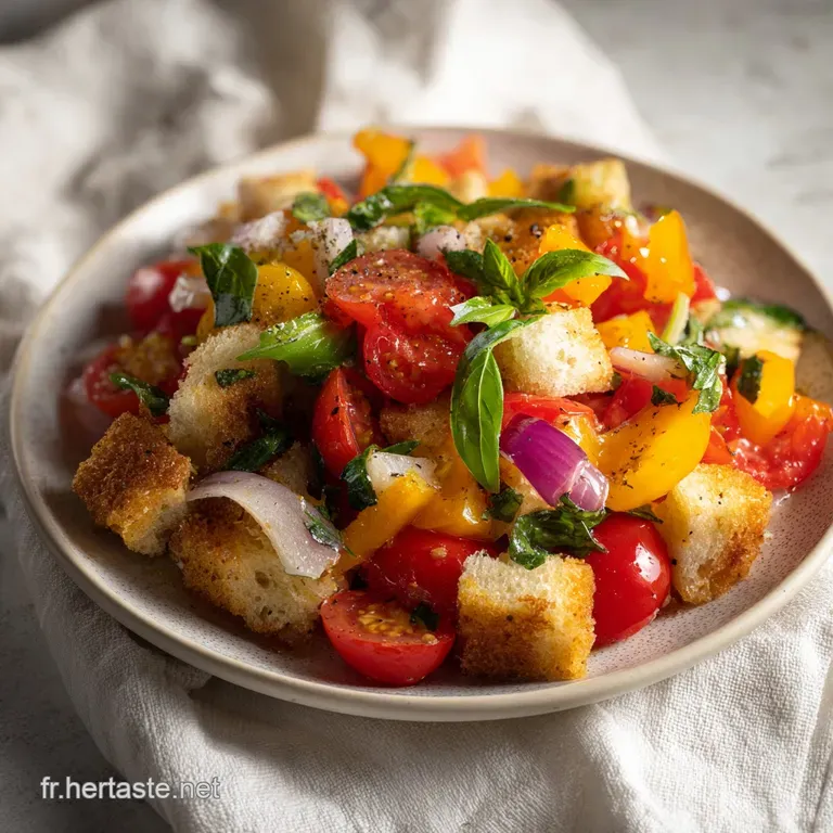 Artfully arranged panzanella salad in a white bowl, showcasing colorful tomatoes, herbs, and crusty bread chunks.
