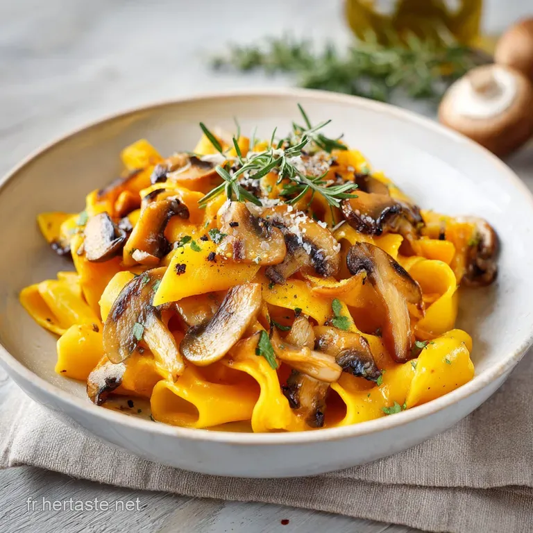 A steaming bowl of golden pasta with earthy mushrooms, elegantly garnished with vibrant parsley.