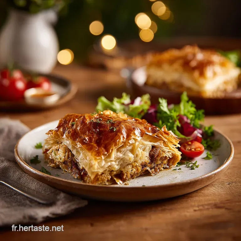 An artfully sliced pastilla portion on a white plate, revealing tender shredded chicken and a sweet, savory filling.