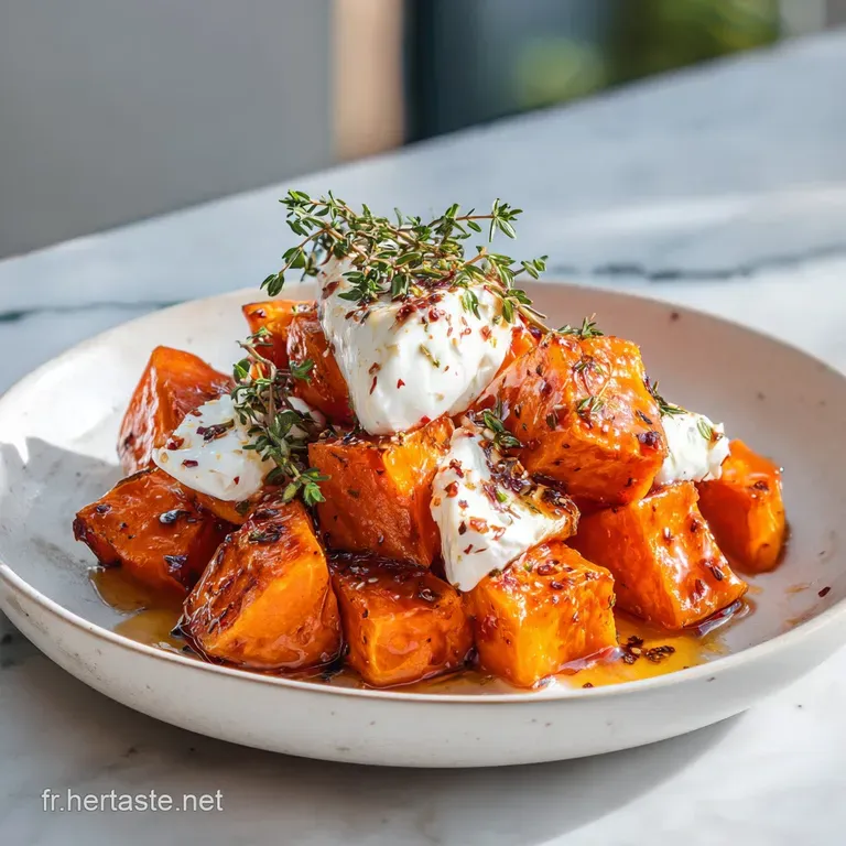 Tranches de l&eacute;gumes orange vif dispos&eacute;es avec soin, surmont&eacute;es de touches de ch&egrave;vre fondant et d'un filet de miel brillant.