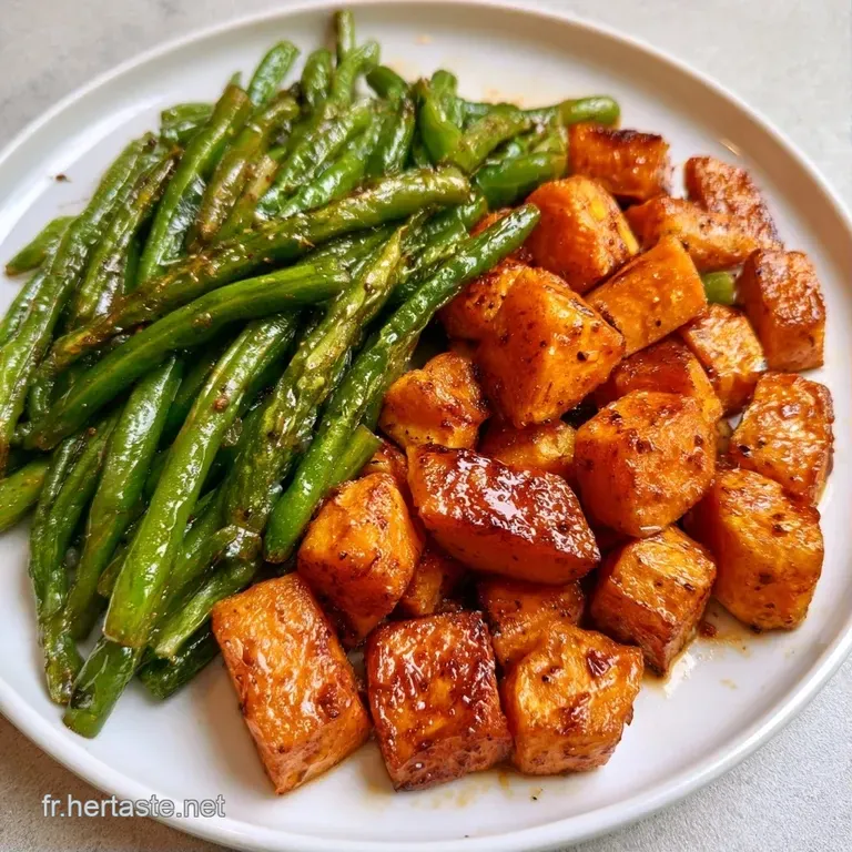 Disposition soign&eacute;e de l&eacute;gumes r&ocirc;tis orange et vert tendre sur une assiette blanche, avec un filet d'huile brillant.