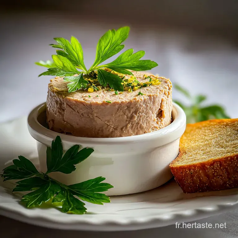 Slice of rich, dark p&acirc;t&eacute; on a wooden board with cornichons & mustard. Invitingly garnished and ready to eat.