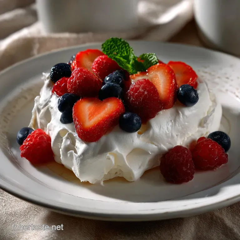 Elegant Pavlova slice on a pristine white plate, the delicate meringue contrasting with a creamy interior and fresh berry ...