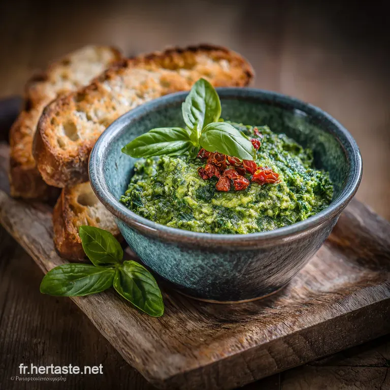 Pesto D&eacute;pinards Et Pignons Torr&eacute;fi&eacute;s Vert &Eacute;clatant Et L&eacute;ger presentation