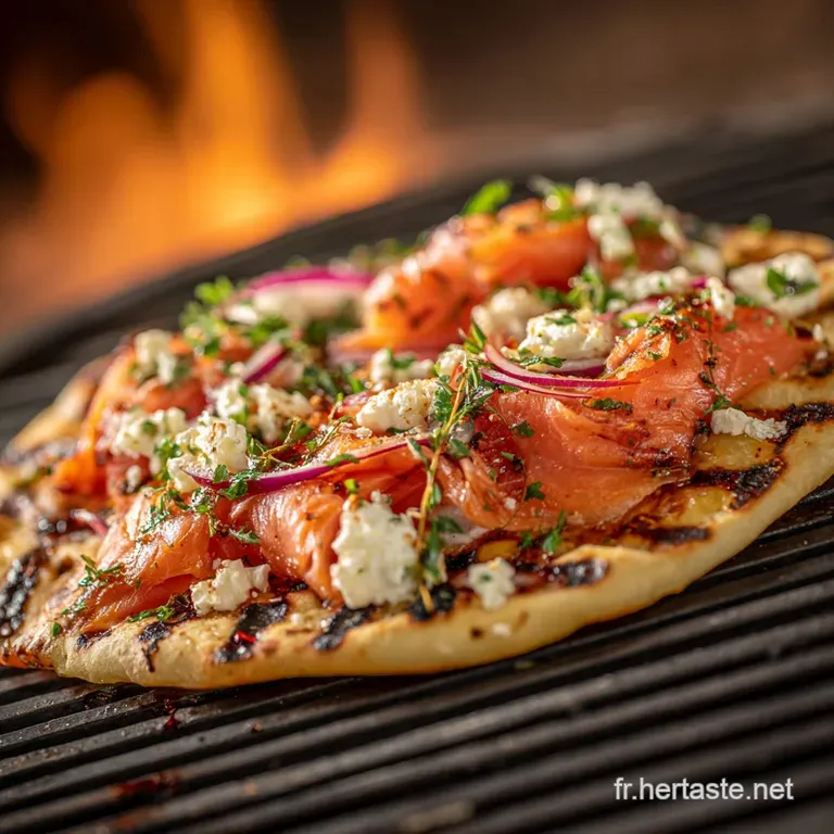 Pizza saumon ch&egrave;vre barbecue La recette AtlantiqueFum&eacute;e cuite sur le grill