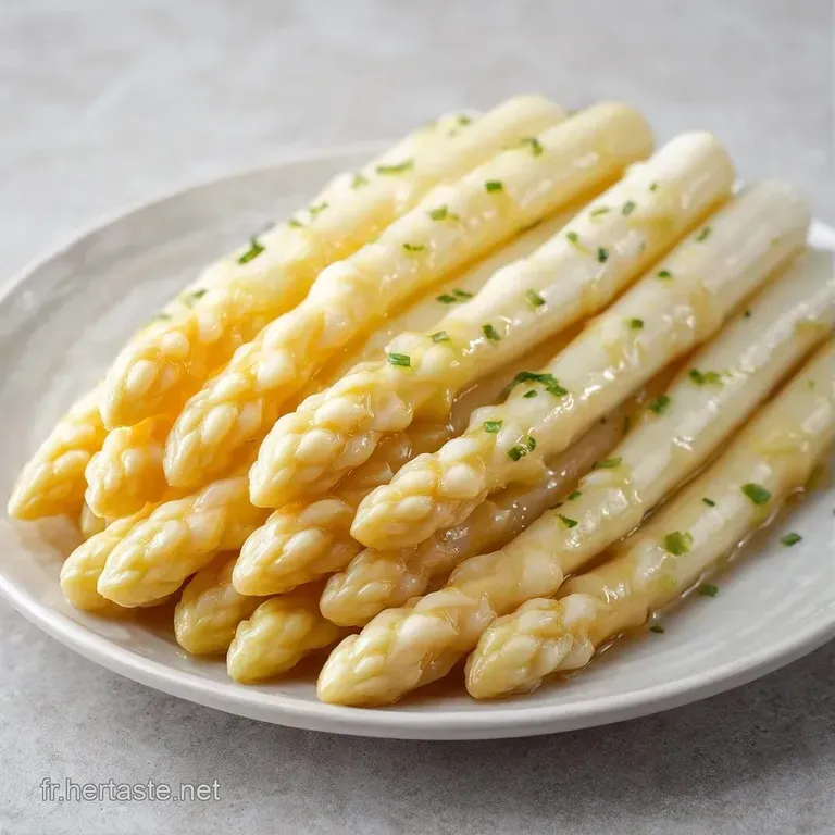 Asperges d'un blanc nacr&eacute; align&eacute;es avec soin, napp&eacute;es d'une sauce onctueuse jaune p&acirc;le et d'une touche de vert frais.