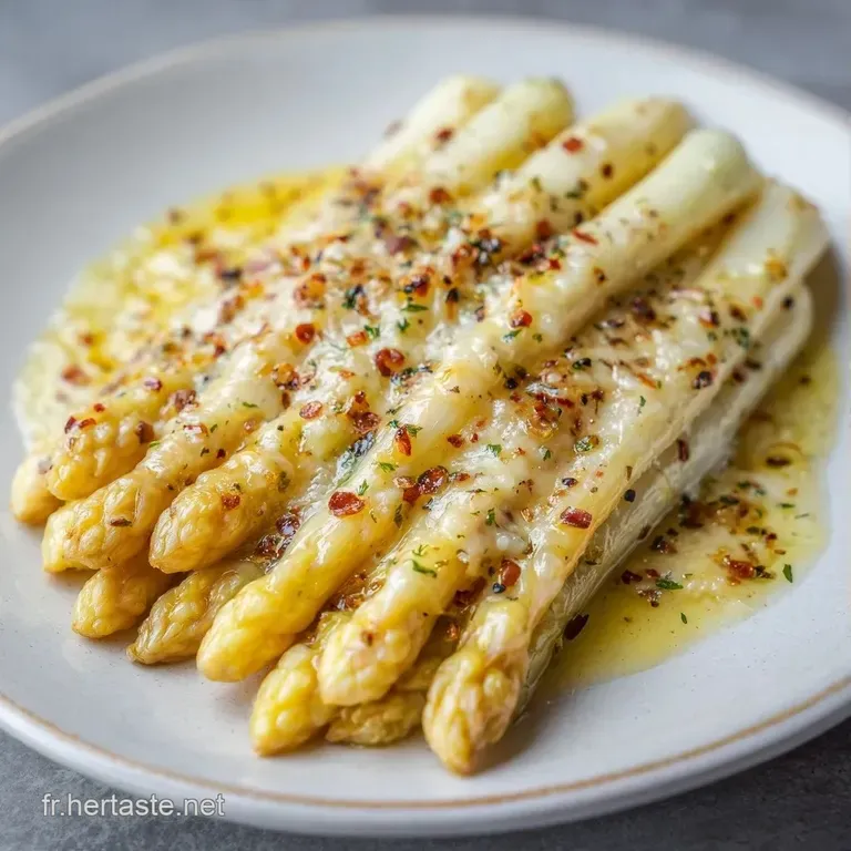 Asperges blanches tendres align&eacute;es sur porcelaine, napp&eacute;es d'une sauce onctueuse et brillante au reflet nacr&eacute;.