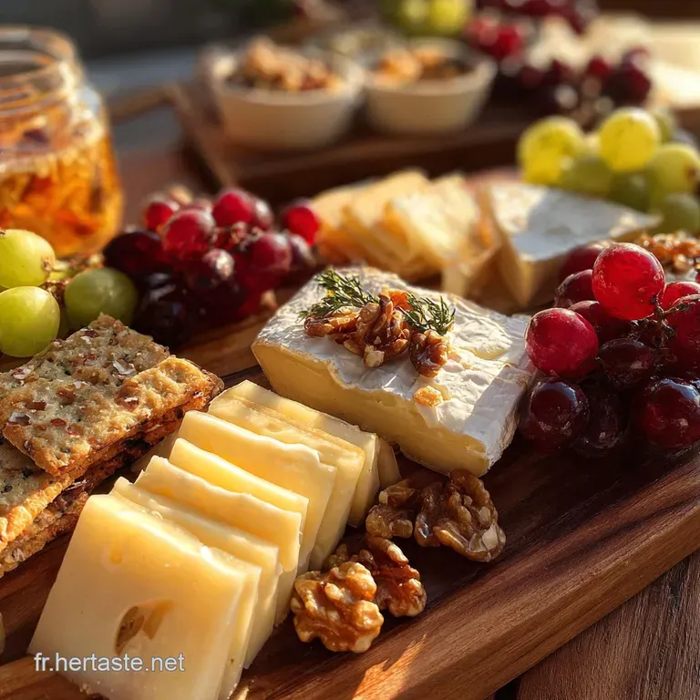 An elegant cheese plate featuring colorful fruits, crusty bread, and various cheeses, ready to eat and presented on a marb...