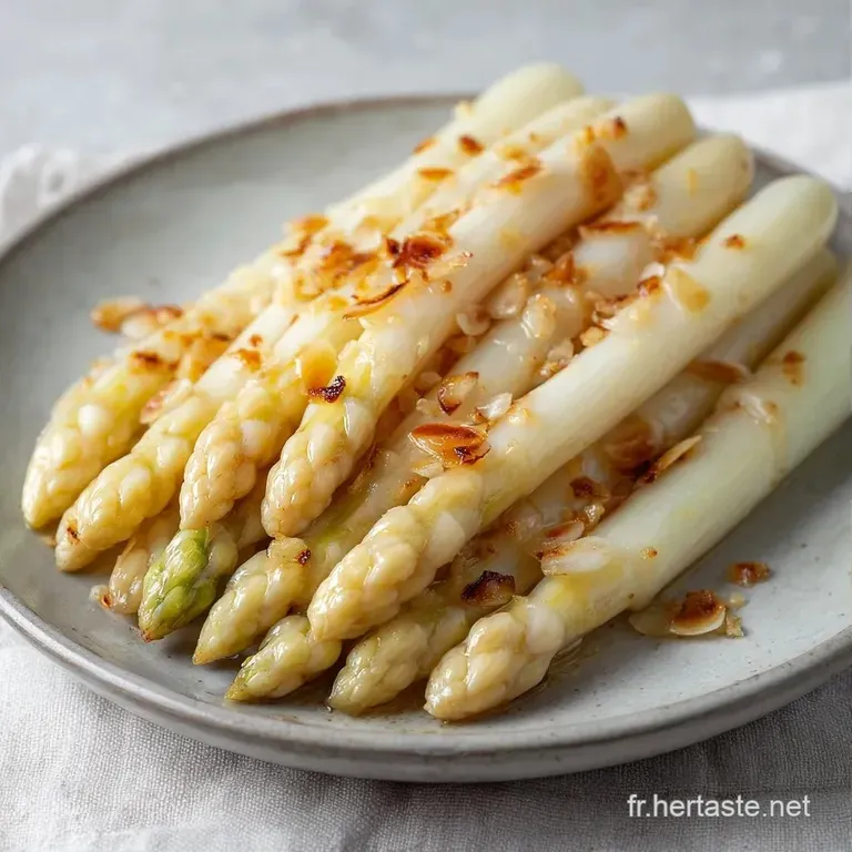 Quelques pointes d'asperges blanches croquantes dress&eacute;es avec soin, surmont&eacute;es d'un filet de sauce onctueuse et d'herbes.