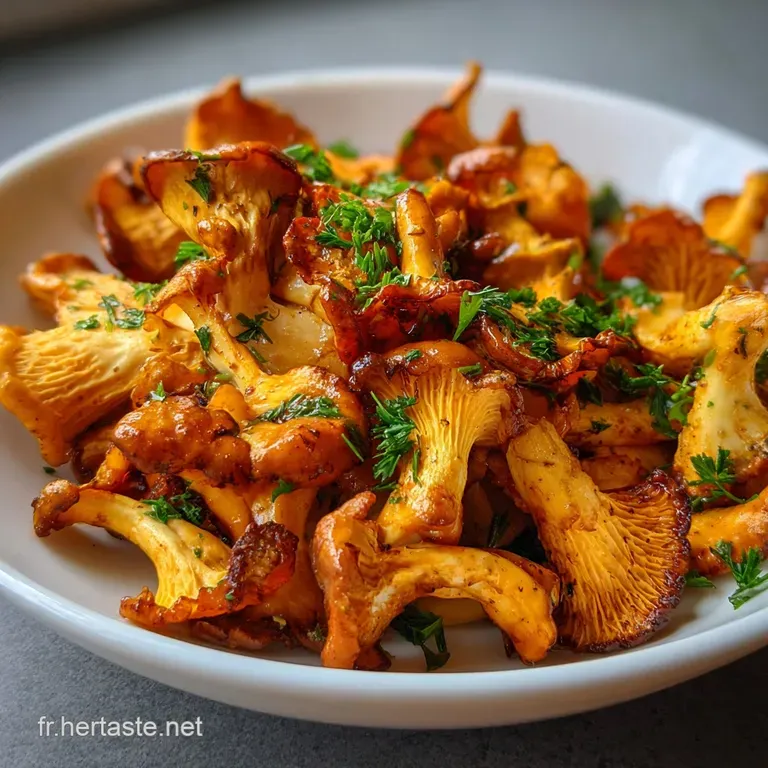 Elegant plate of buttery chanterelle mushrooms, vibrant green parsley, and cracked pepper. Light steam suggests freshness.