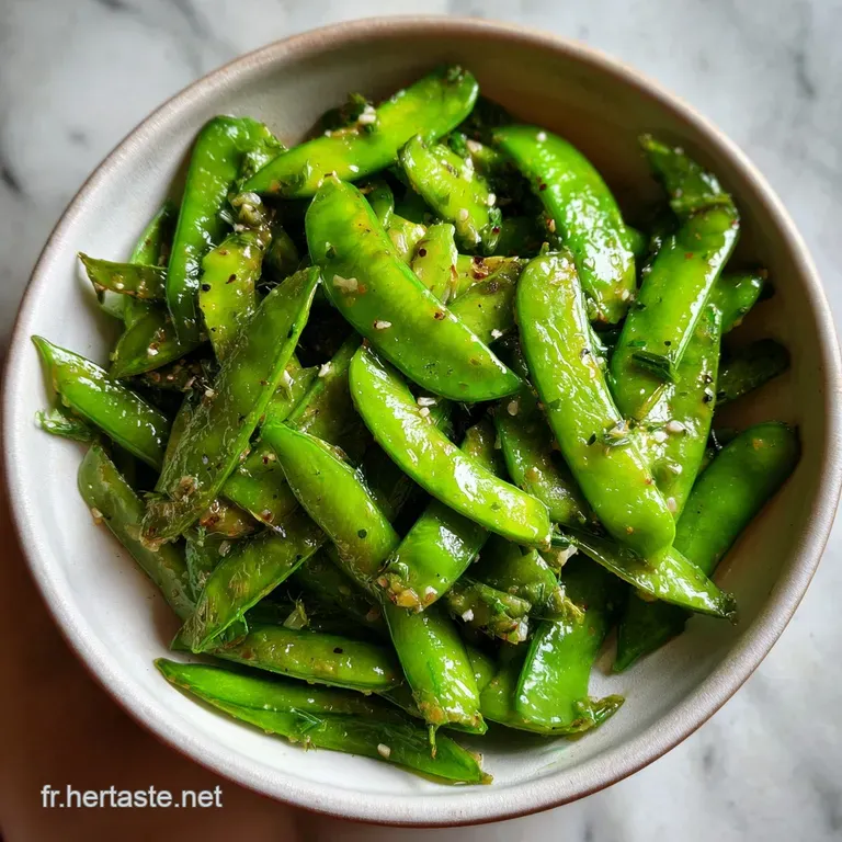 Elegant plating of glistening peas with salty bacon pieces, topped with fresh herbs. A delightful spring meal.