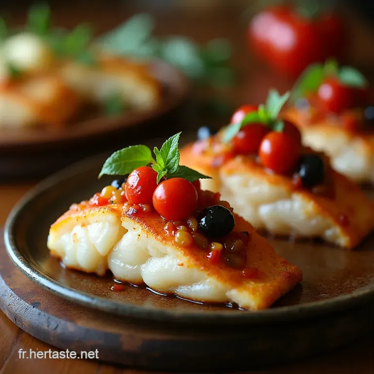 Pav&eacute;s De Poisson Blanc R&ocirc;tis Aux Agrumes Olives Kalamata Et Tomates Confites presentation