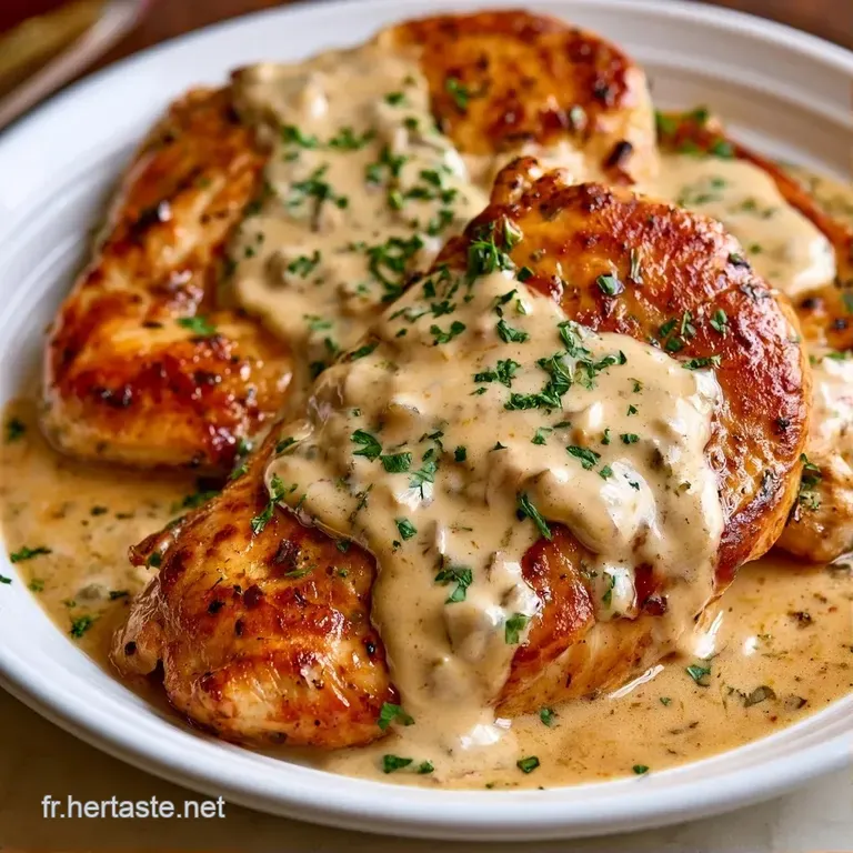 Blancs de poulet tendres et sauce velout&eacute;e brillante dress&eacute;s avec soin dans une assiette blanche et &eacute;pur&eacute;e.