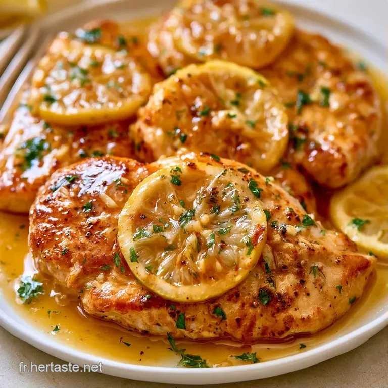 Blancs de poulet r&ocirc;tis et brillants pos&eacute;s sur une assiette blanche, d&eacute;cor&eacute;s de tranches de citron et d'herbes vertes.