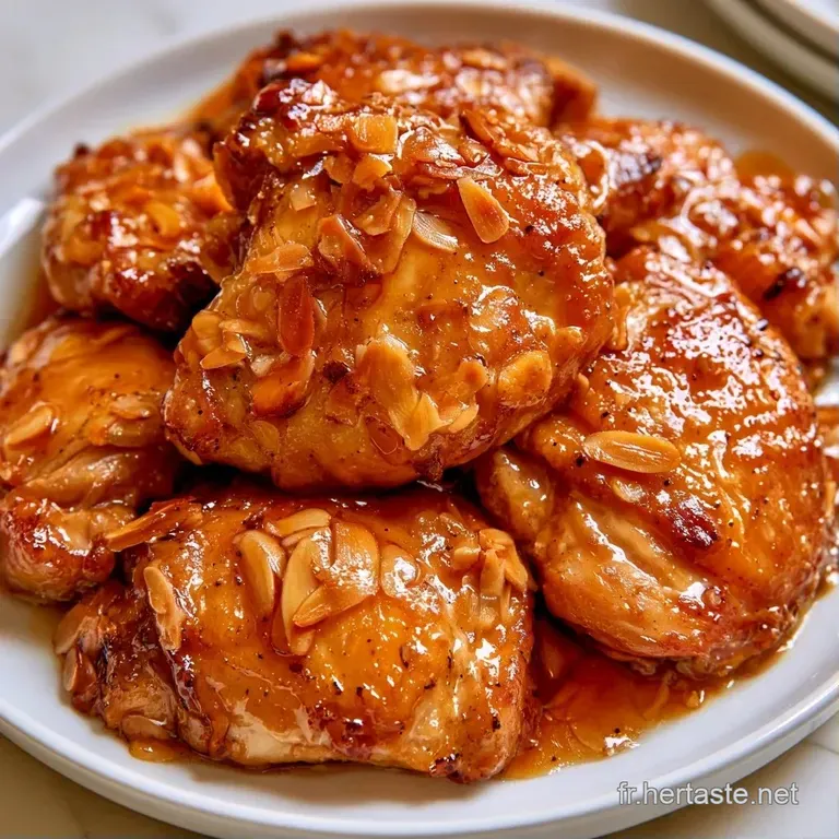 Morceaux de viande tendre et juteuse dispos&eacute;s avec soin, entour&eacute;s d'une sauce blanche et d'amandes croquantes dor&eacute;es.