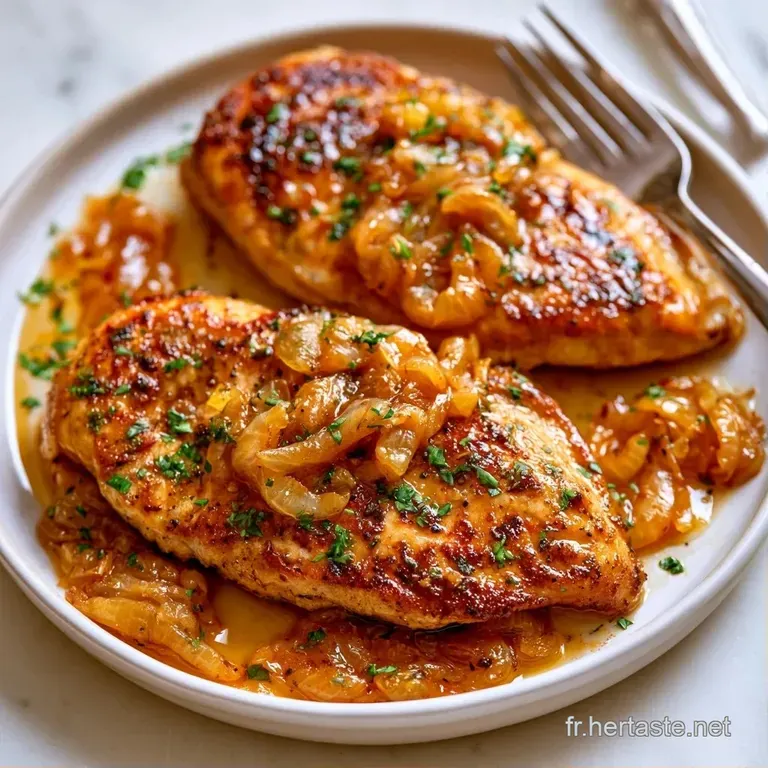 Assiette blanche pr&eacute;sentant du poulet caram&eacute;lis&eacute;, entour&eacute; d'oignons tendres et d'une sauce onctueuse et brillante.
