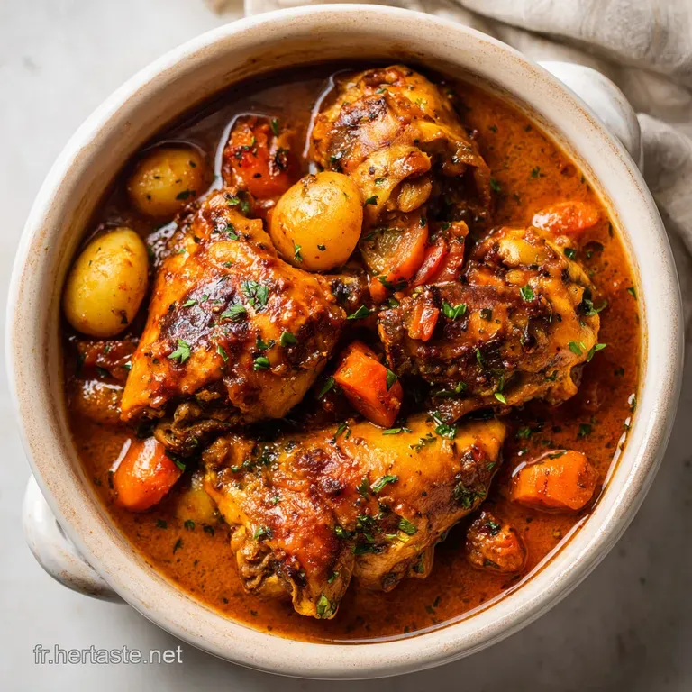 A rustic bowl filled with juicy chicken and colourful vegetables, served with crusty bread on the side.