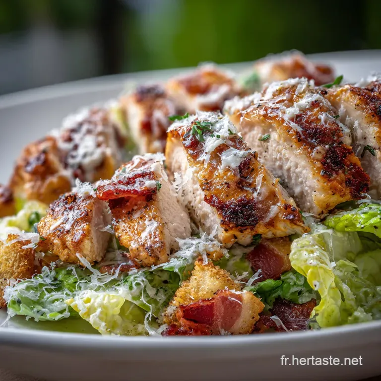Crispy baked chicken Caesar salad plated elegantly, showcasing the creamy dressing, vibrant greens, and golden-brown chick...