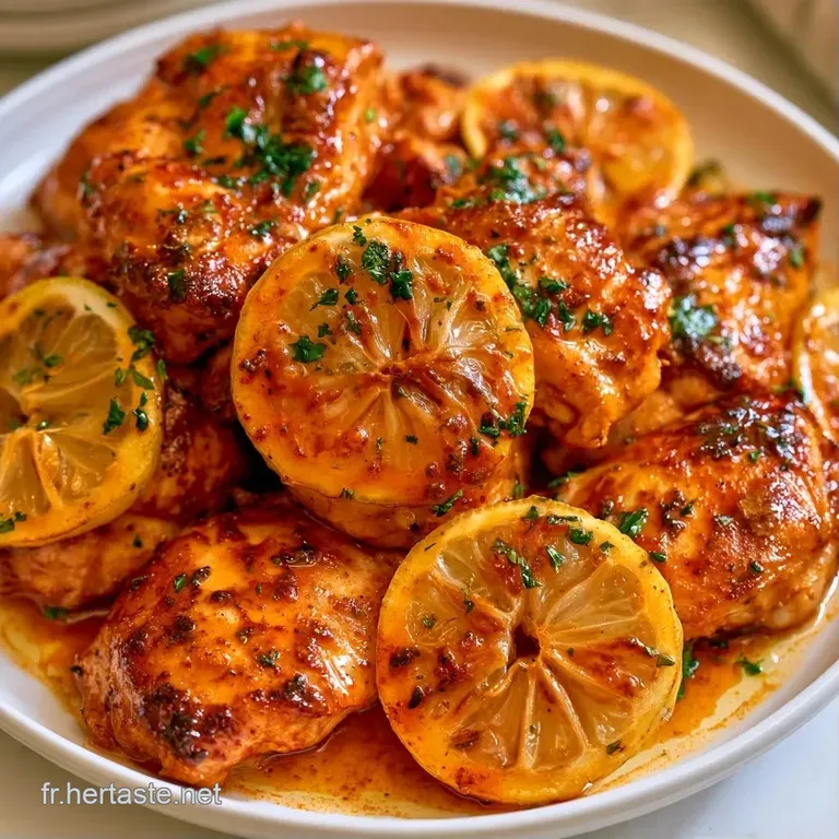 Poulet &agrave; la peau croustillante et orang&eacute;e, dispos&eacute; avec soin sur une assiette blanche avec un filet de sauce brillante.