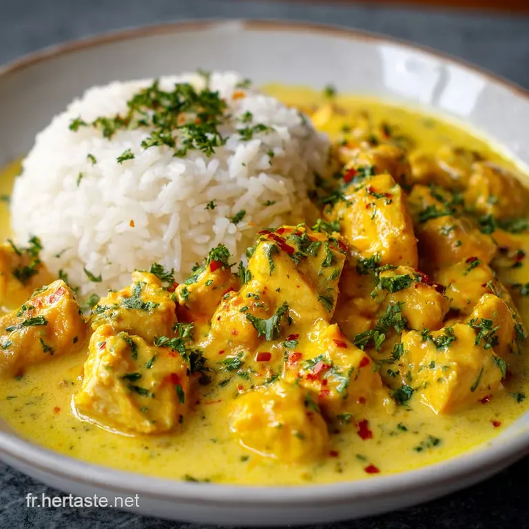 Elegant plating: tender chicken curry glistens on a white plate, aromatic herbs sprinkled on top, beside perfectly molded ...