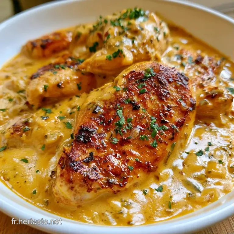 Une assiette blanche &eacute;pur&eacute;e pr&eacute;sentant une sauce curry velout&eacute;e, du poulet juteux et des feuilles de coriandre vertes.