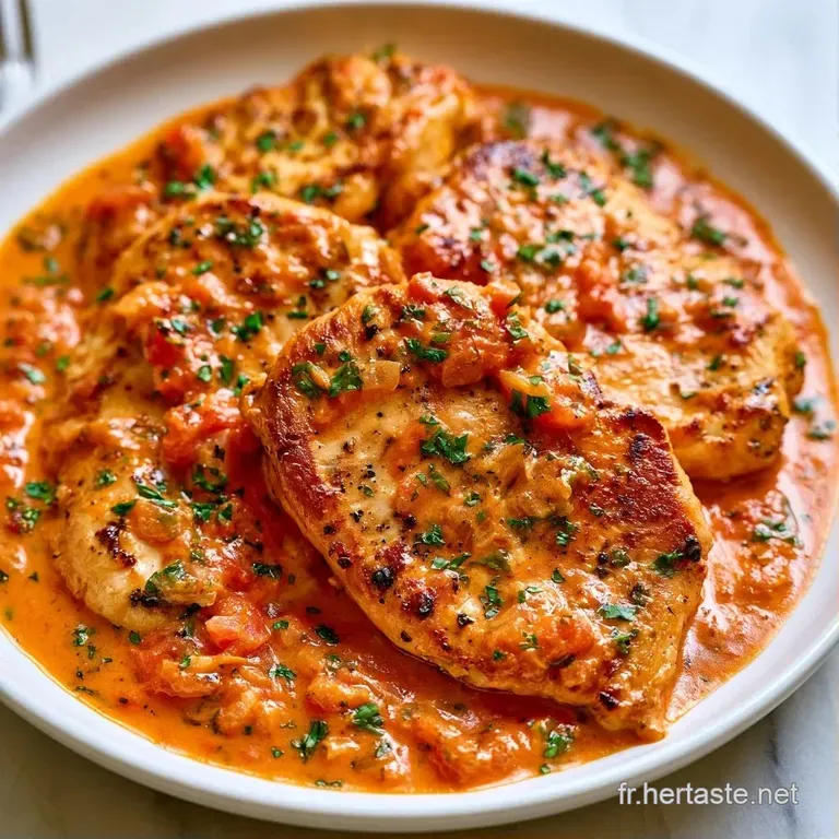 Morceaux de poulet dor&eacute;s napp&eacute;s d'une cr&egrave;me tomate lisse, dispos&eacute;s avec soin dans une assiette blanche minimaliste.