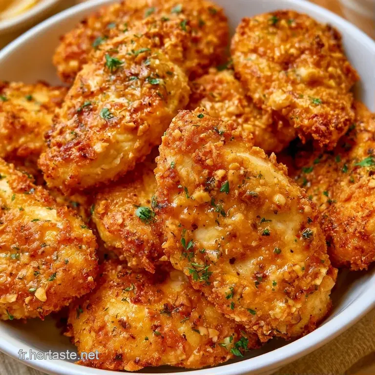 Filets de poulet &agrave; la cro&ucirc;te granuleuse et dor&eacute;e, &eacute;l&eacute;gamment dress&eacute;s avec quelques feuilles de persil vert frais.
